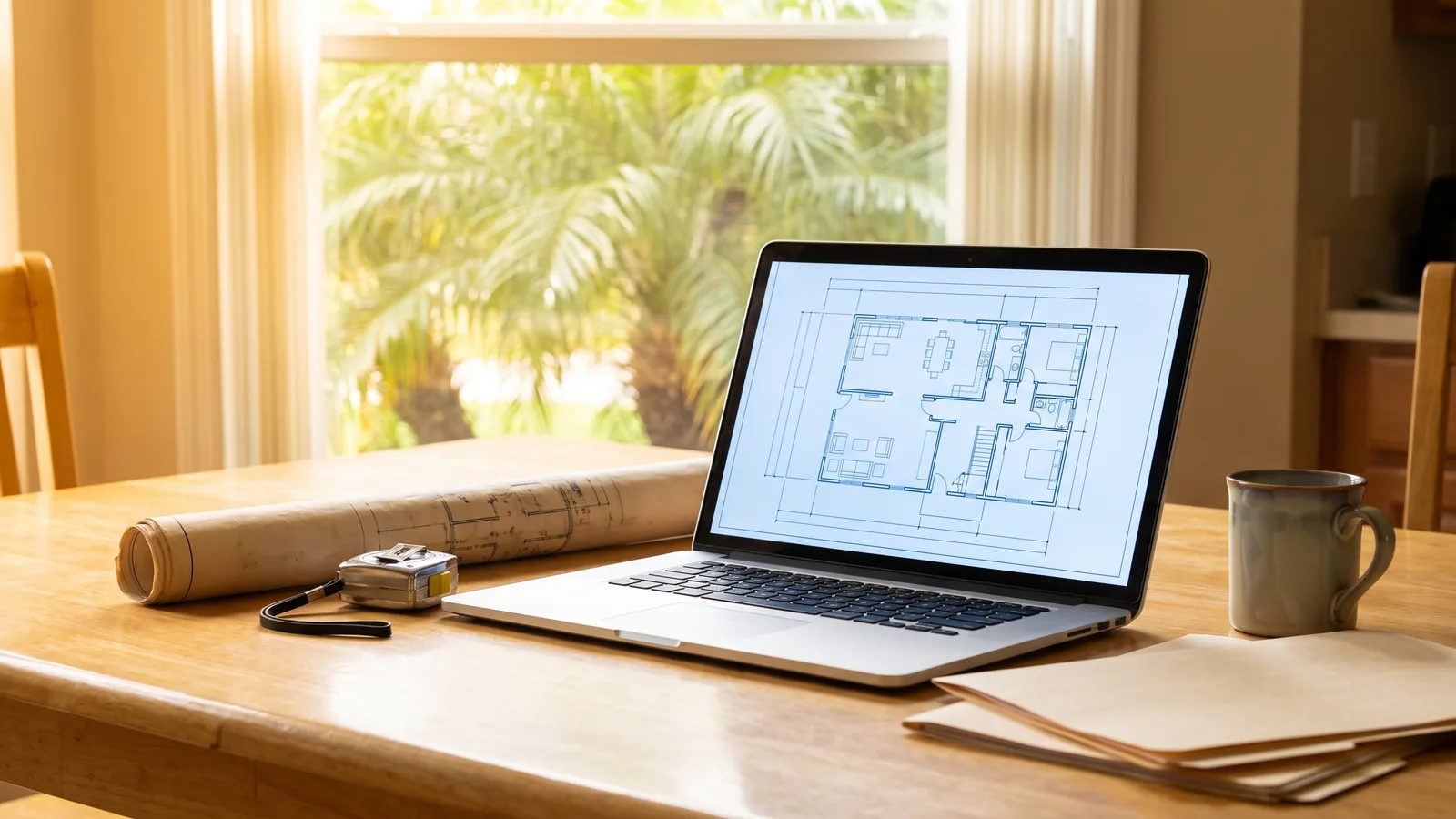 A homeowner reviewing paperwork at a kitchen table with a laptop, organizing documents for a permit application.