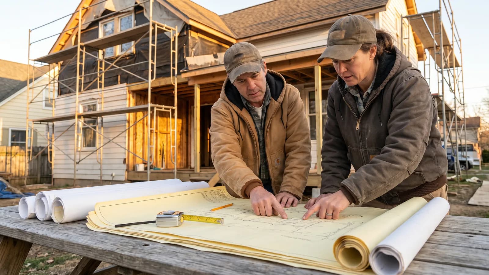 A homeowner and a contractor reviewing building plans on a table at the start of a home project