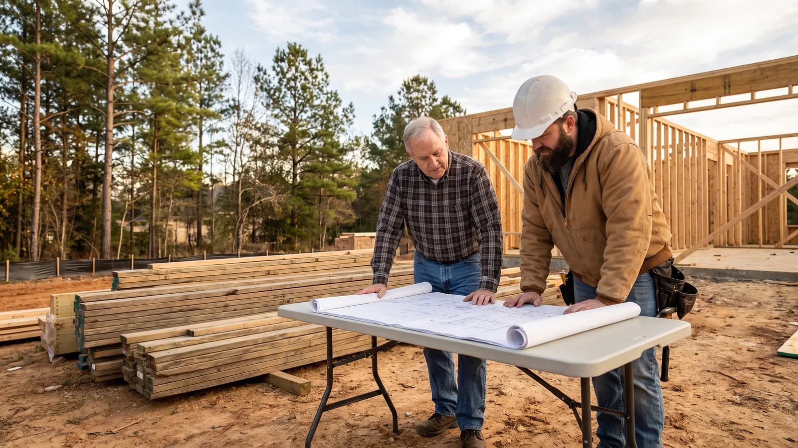 A homeowner and contractor reviewing approved plans at a North Carolina job site