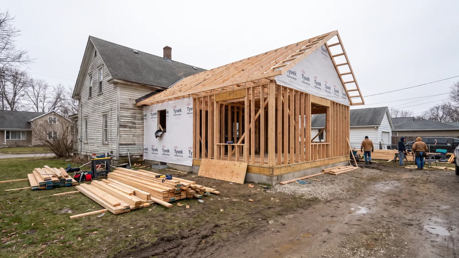 An unfinished home addition with framing exposed and no permit posted