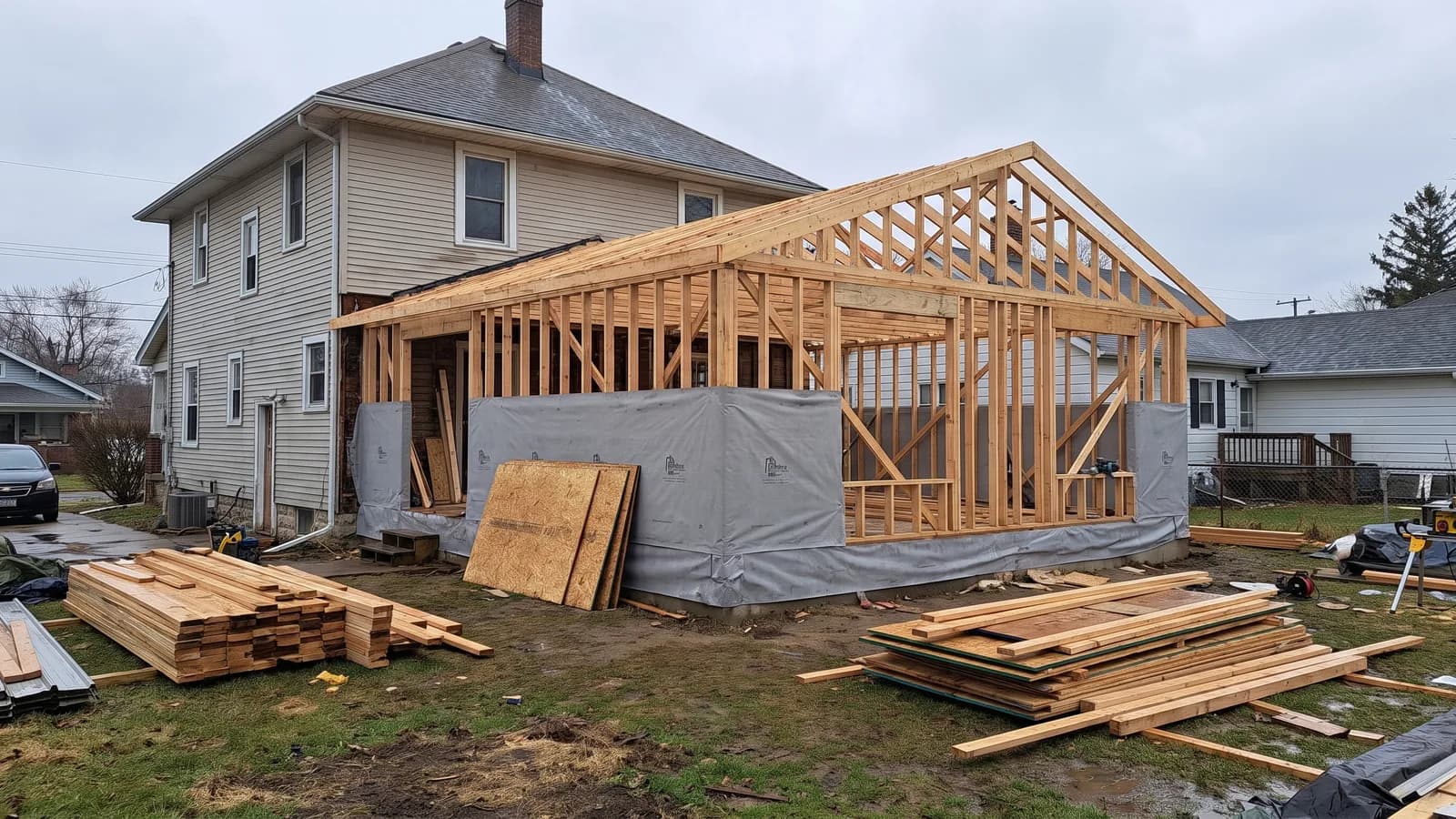 An unfinished home addition with framing exposed and no permit posted