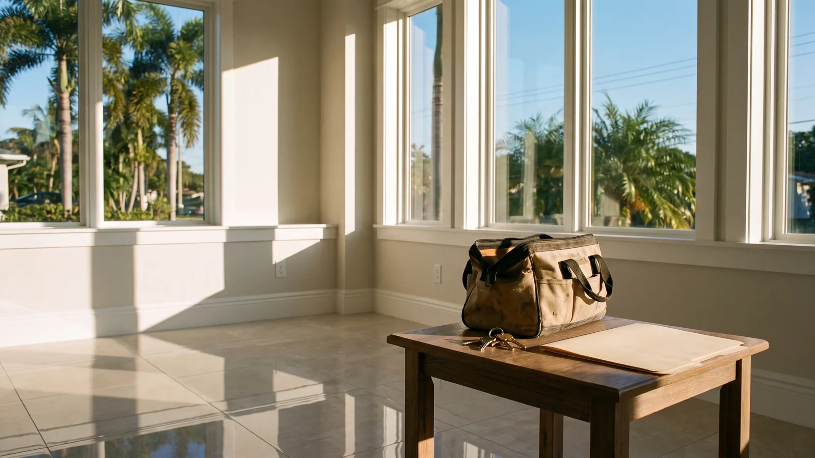 A homeowner on a laptop viewing a county permit portal at a kitchen counter in a Florida home with bright natural light.
