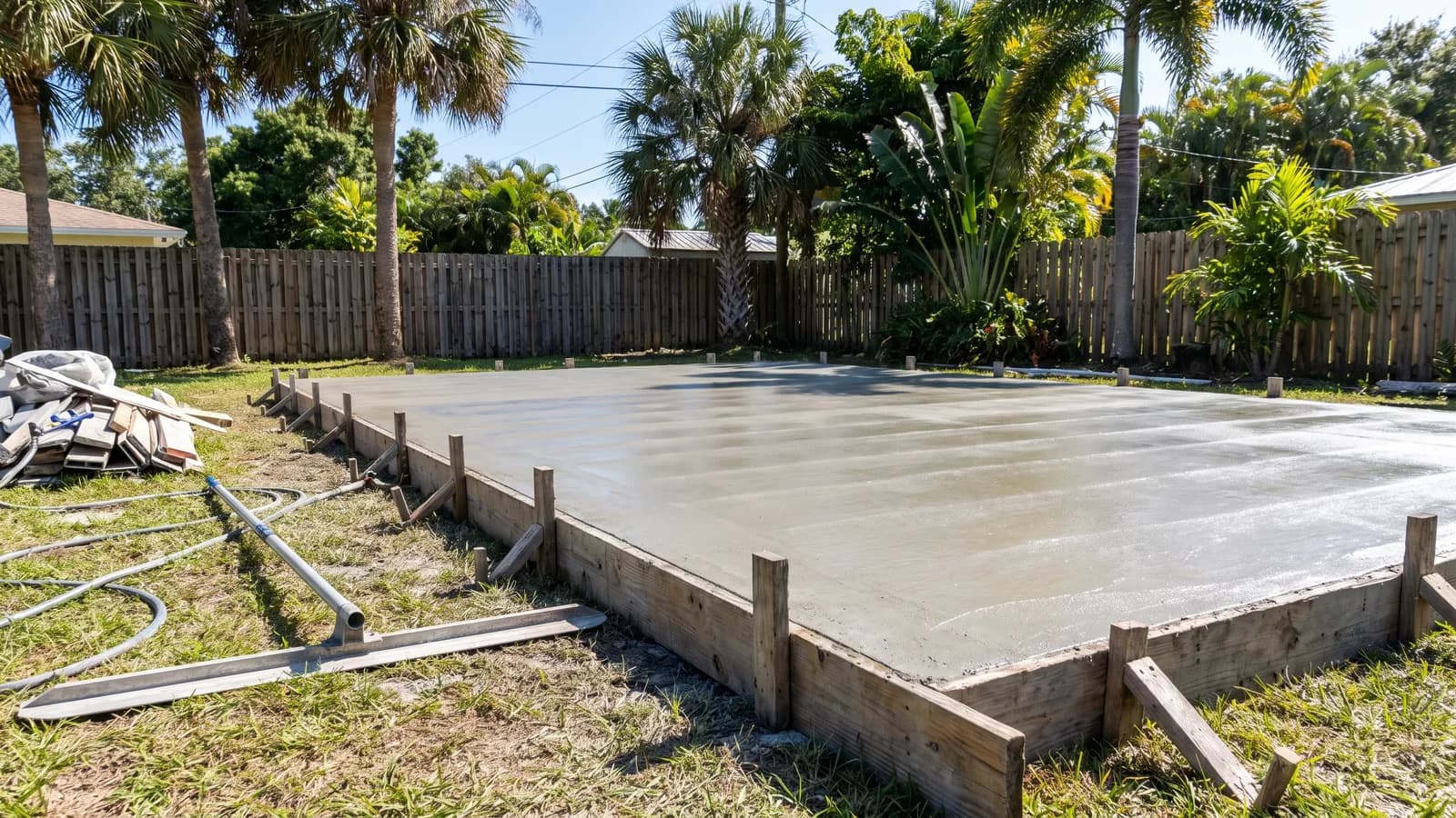 A freshly poured and finished concrete slab curing in a Florida backyard with form boards and a smooth troweled surface in daylight.