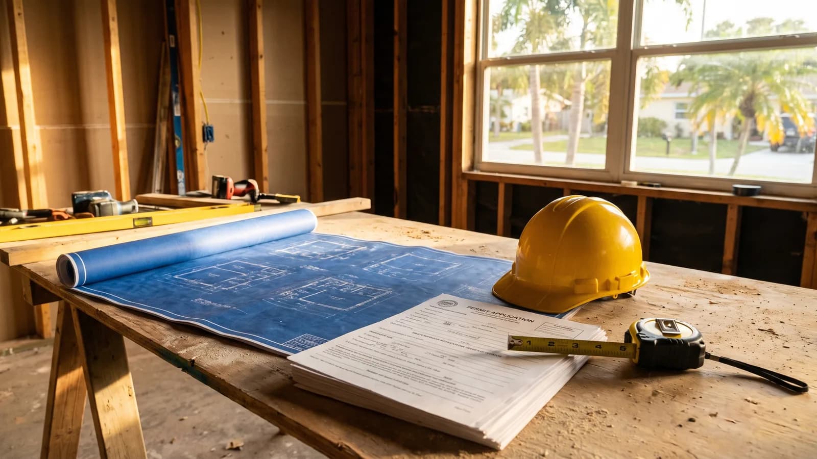 A homeowner and a licensed contractor reviewing plans on a table at a Florida home renovation in warm natural light.
