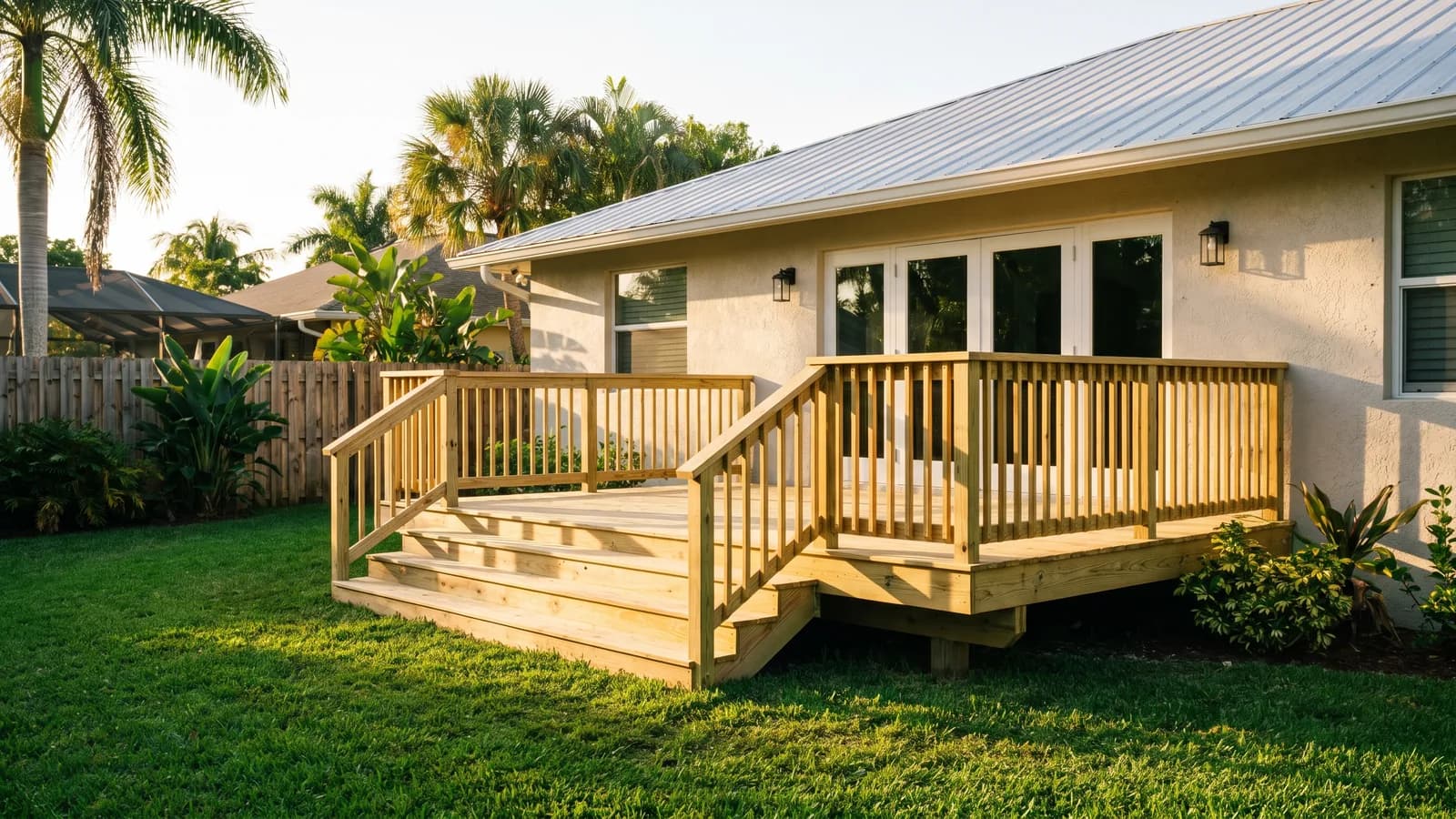 A newly built wood deck attached to the back of a single-family Florida home in warm daylight.