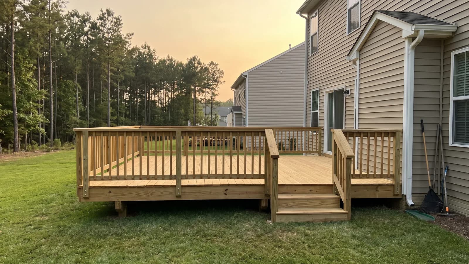 A finished wooden deck with railings attached to the back of a Georgia home