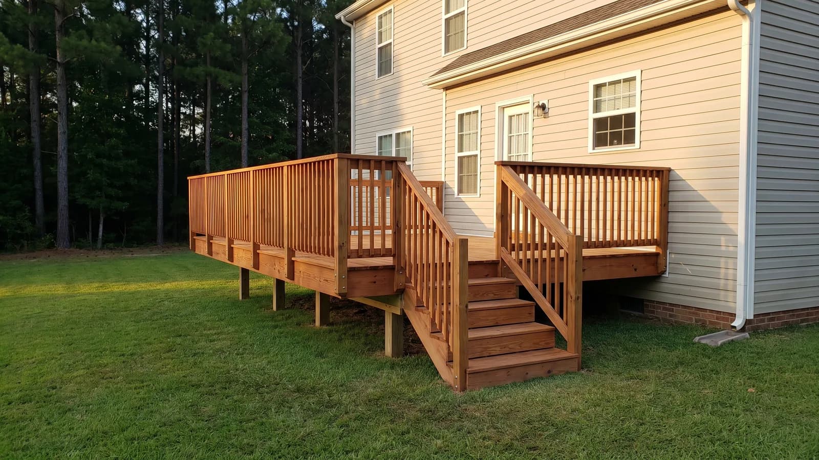 A finished wooden deck attached to the back of a North Carolina home