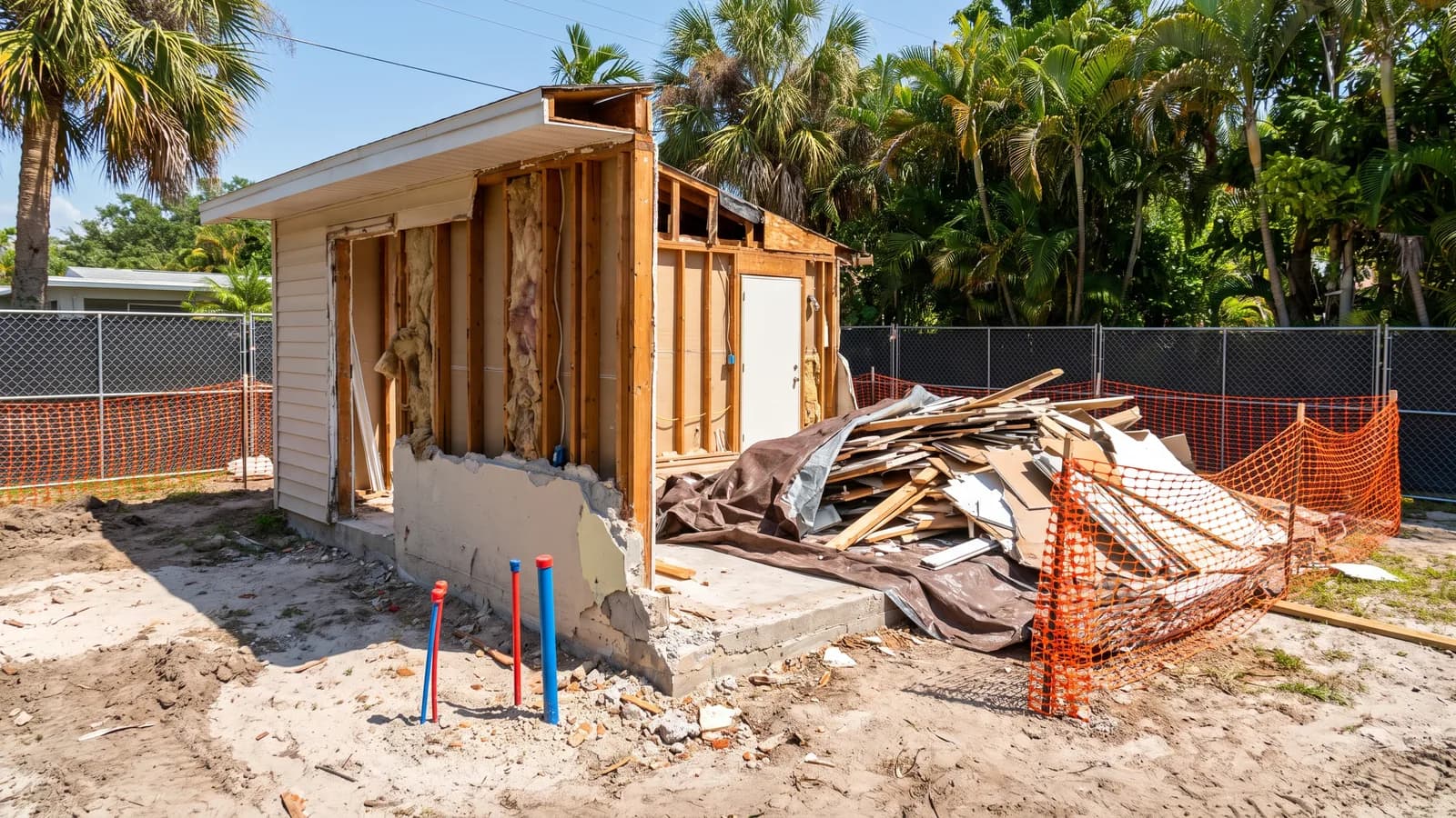 A residential detached garage being carefully demolished in a Florida backyard with debris contained and utilities capped in daylight.