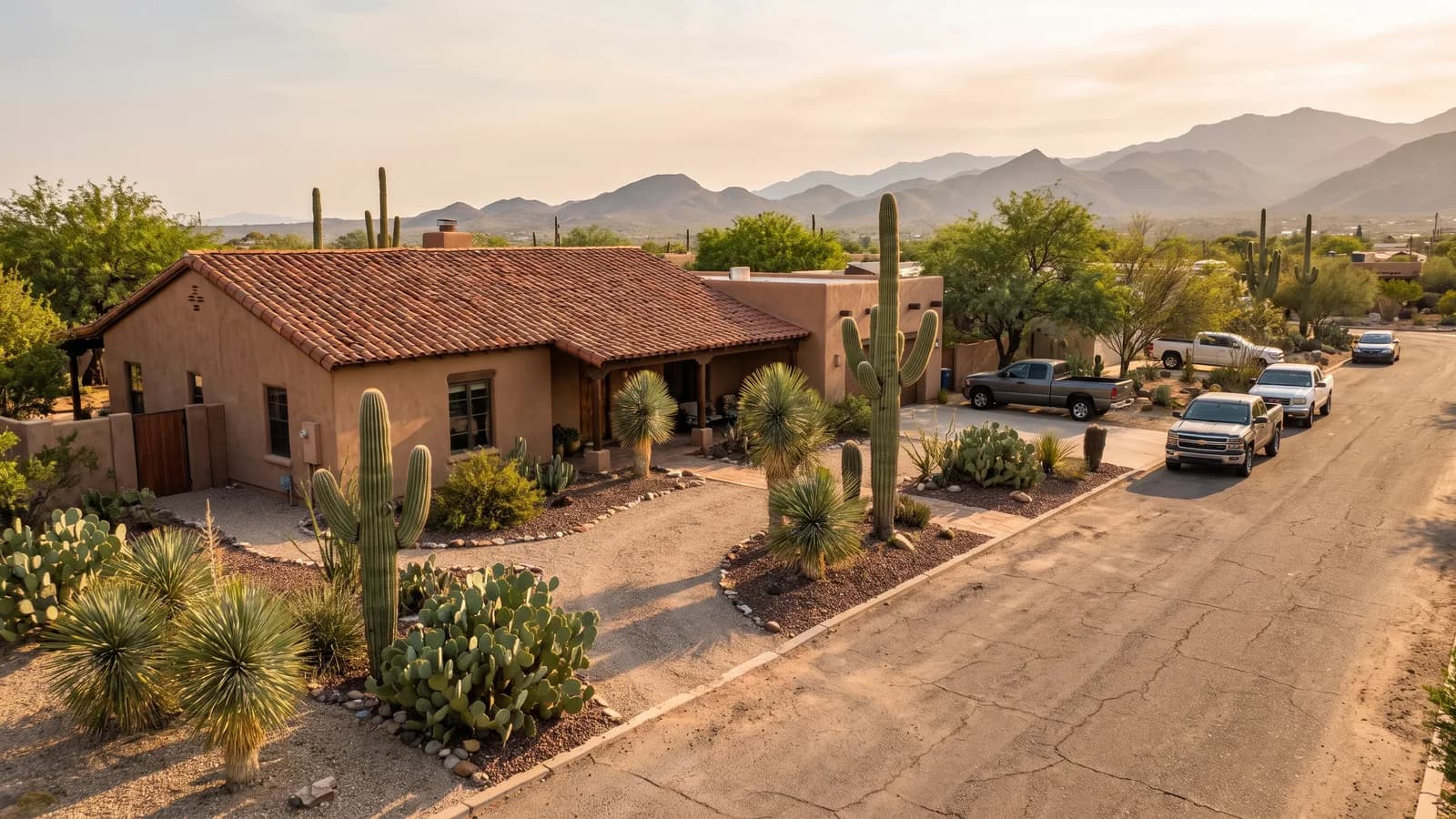 Single-story Phoenix desert-style home with a tile roof and gravel-and-cactus landscaping under warm afternoon light
