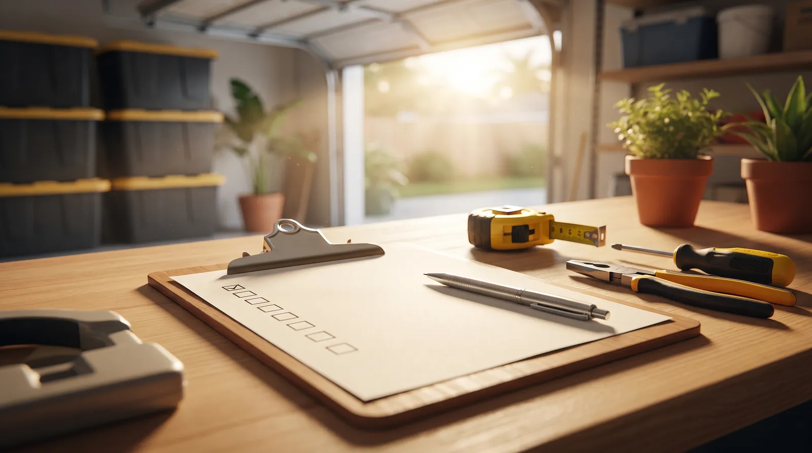 A blank permit checklist and pen on a workbench in a Florida home garage