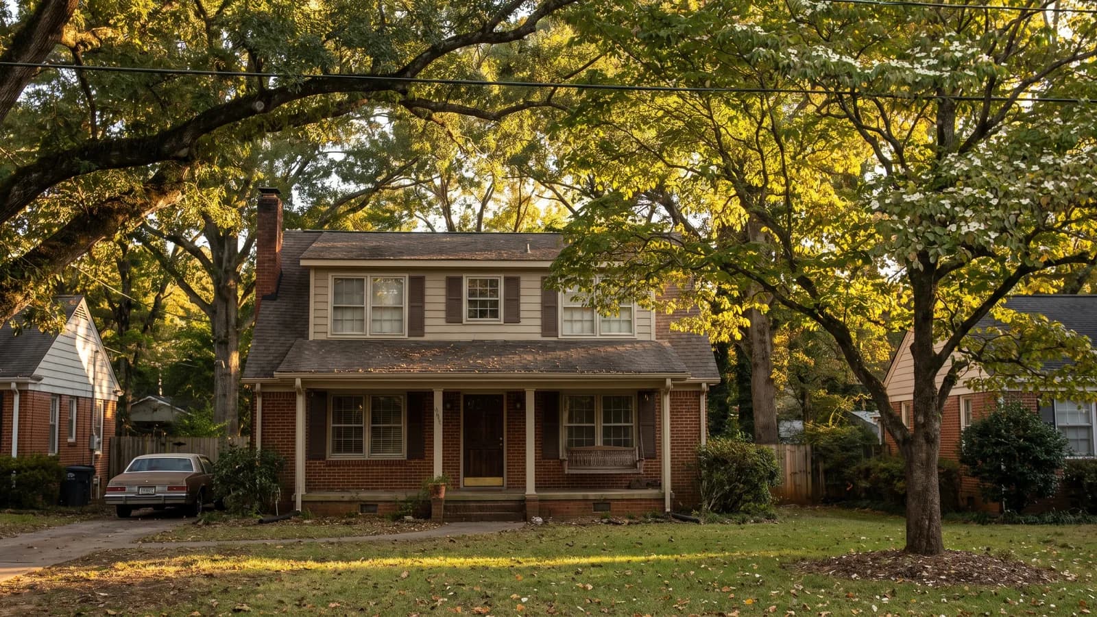 An Atlanta-area single-family home framed by mature trees in warm afternoon light