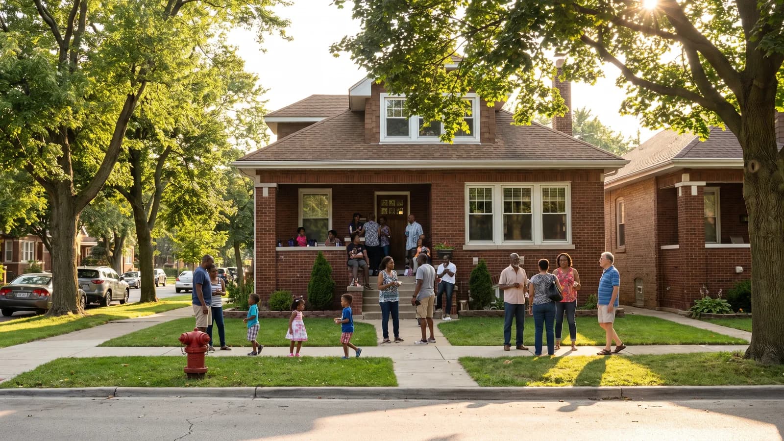 A two-story Chicago-area brick home on a tree-lined residential street in warm afternoon light