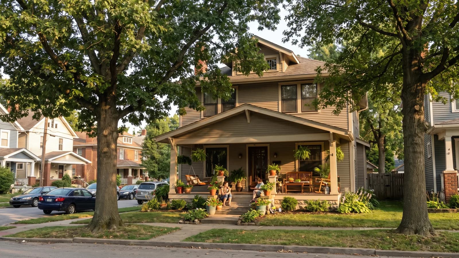 A two-story suburban home in the Columbus, Ohio area on a bright afternoon with a homeowner reviewing project plans on the porch