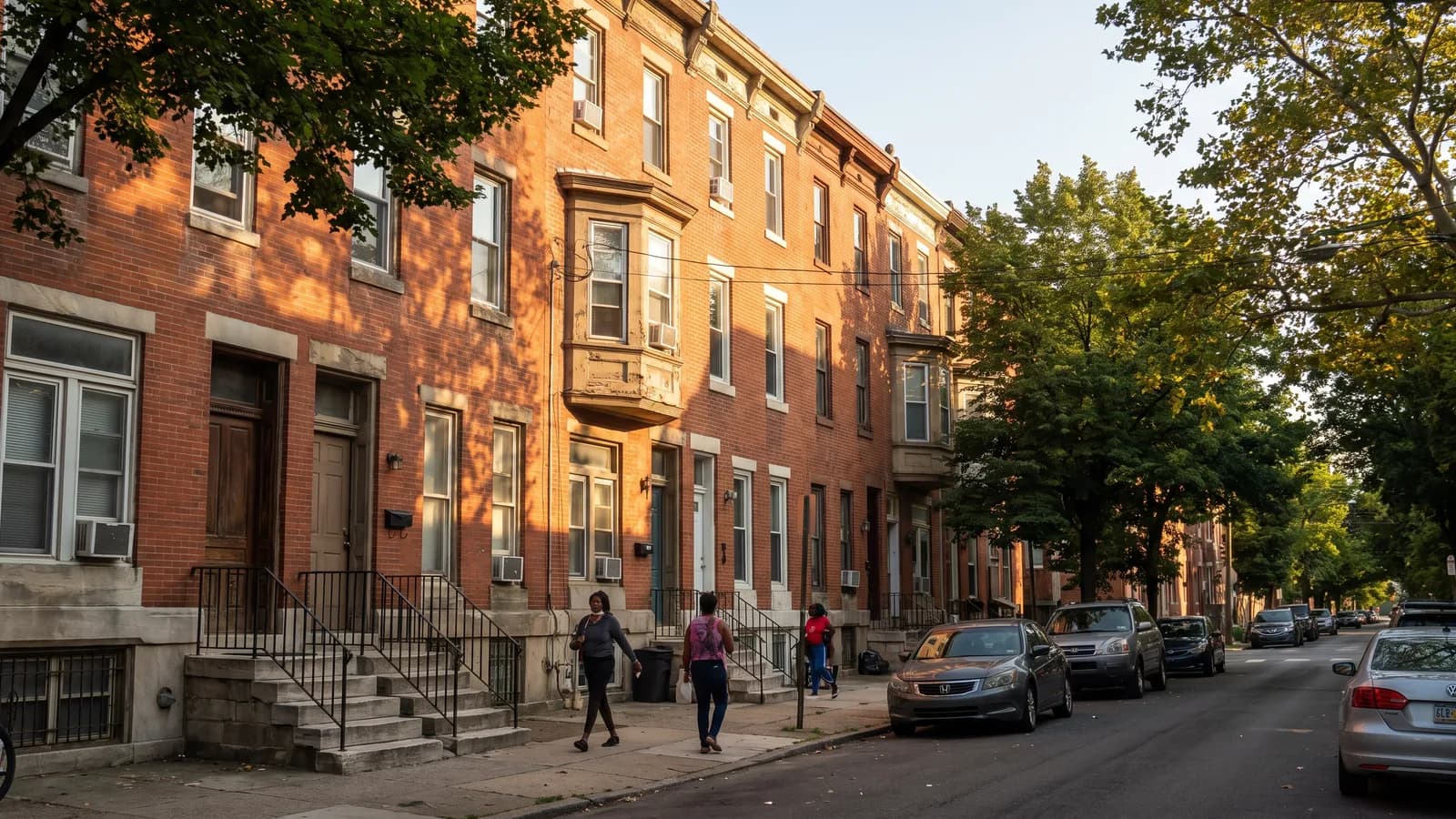 A Philadelphia rowhouse block in warm afternoon light with a homeowner reviewing paperwork on the front steps