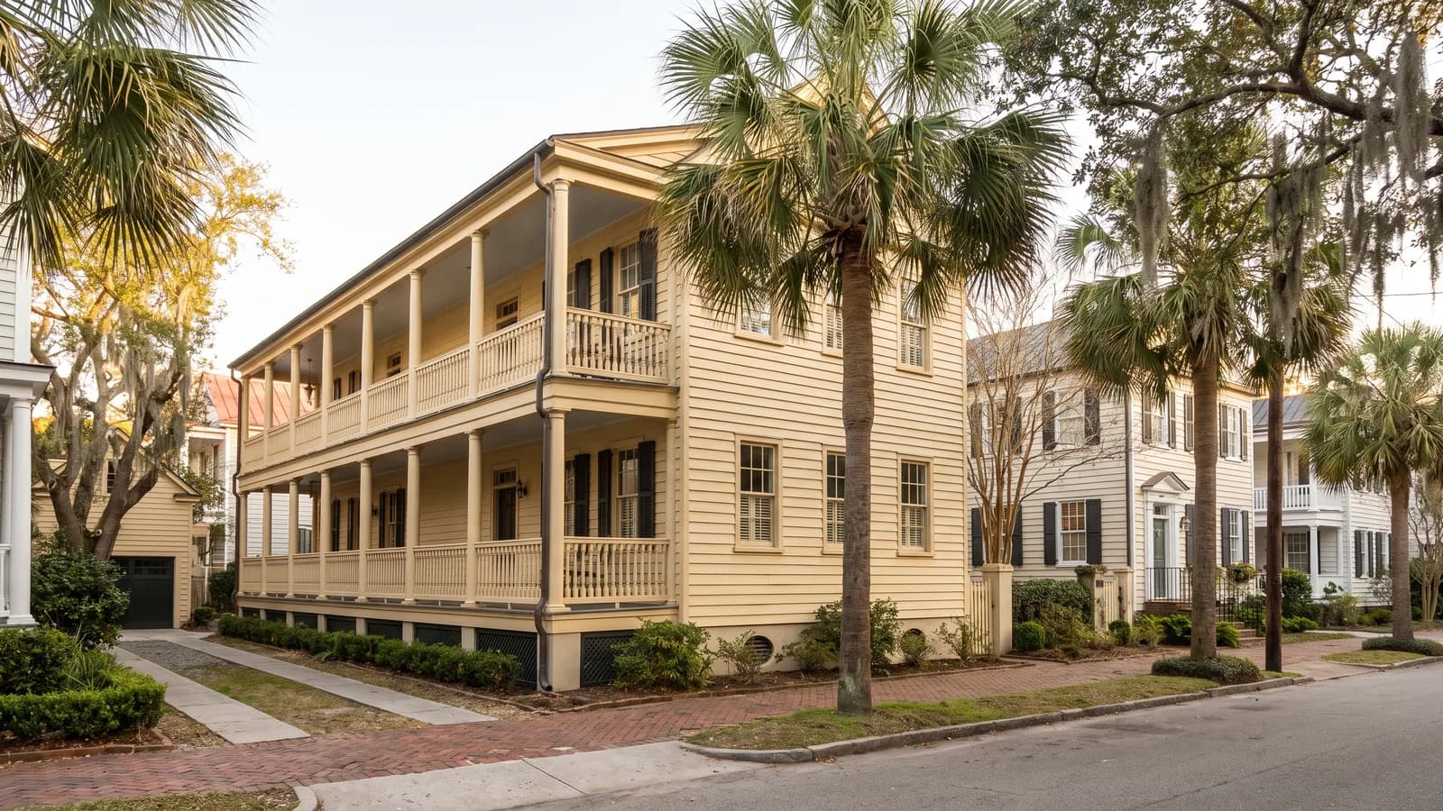 A Charleston-style single-family home with a covered front porch in warm afternoon light