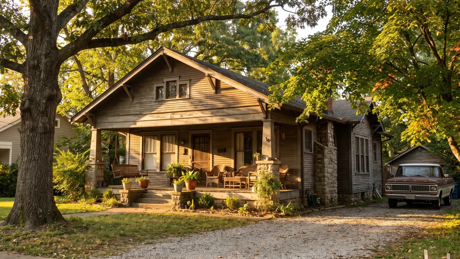 A single-family home in a Knoxville-area neighborhood on a bright morning with a homeowner reviewing paperwork on the porch