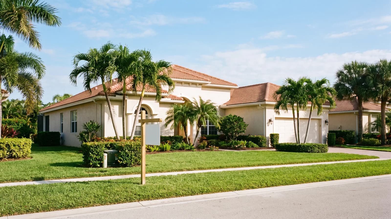 A for-sale sign in front of a single-family Florida home with a manicured lawn in bright morning light.