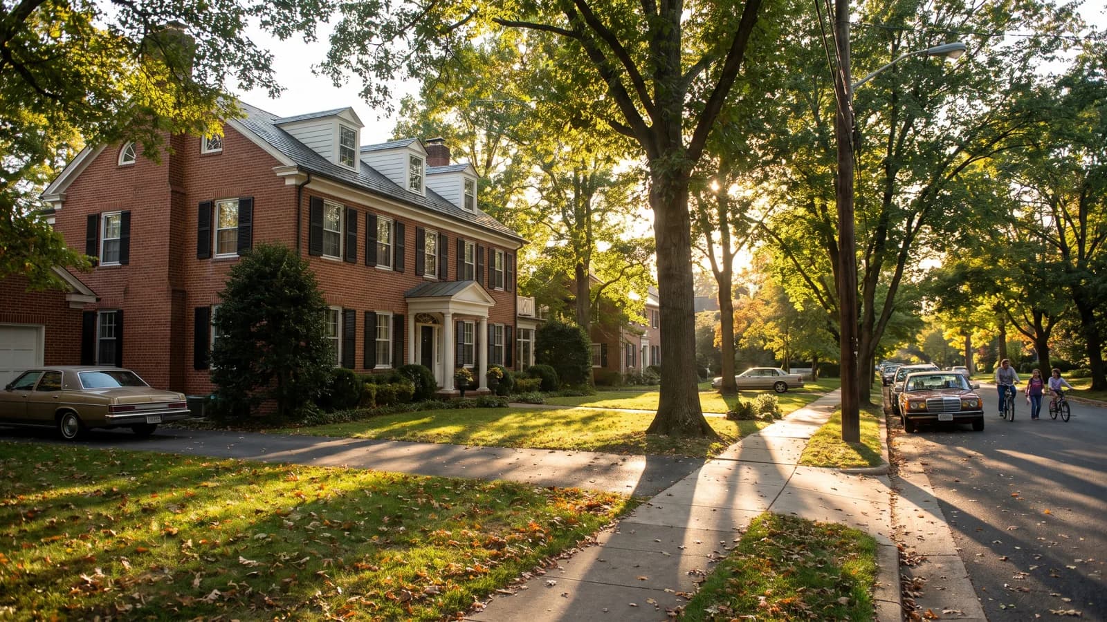 A suburban Northern Virginia home in warm afternoon light with a homeowner reviewing permit paperwork on the porch