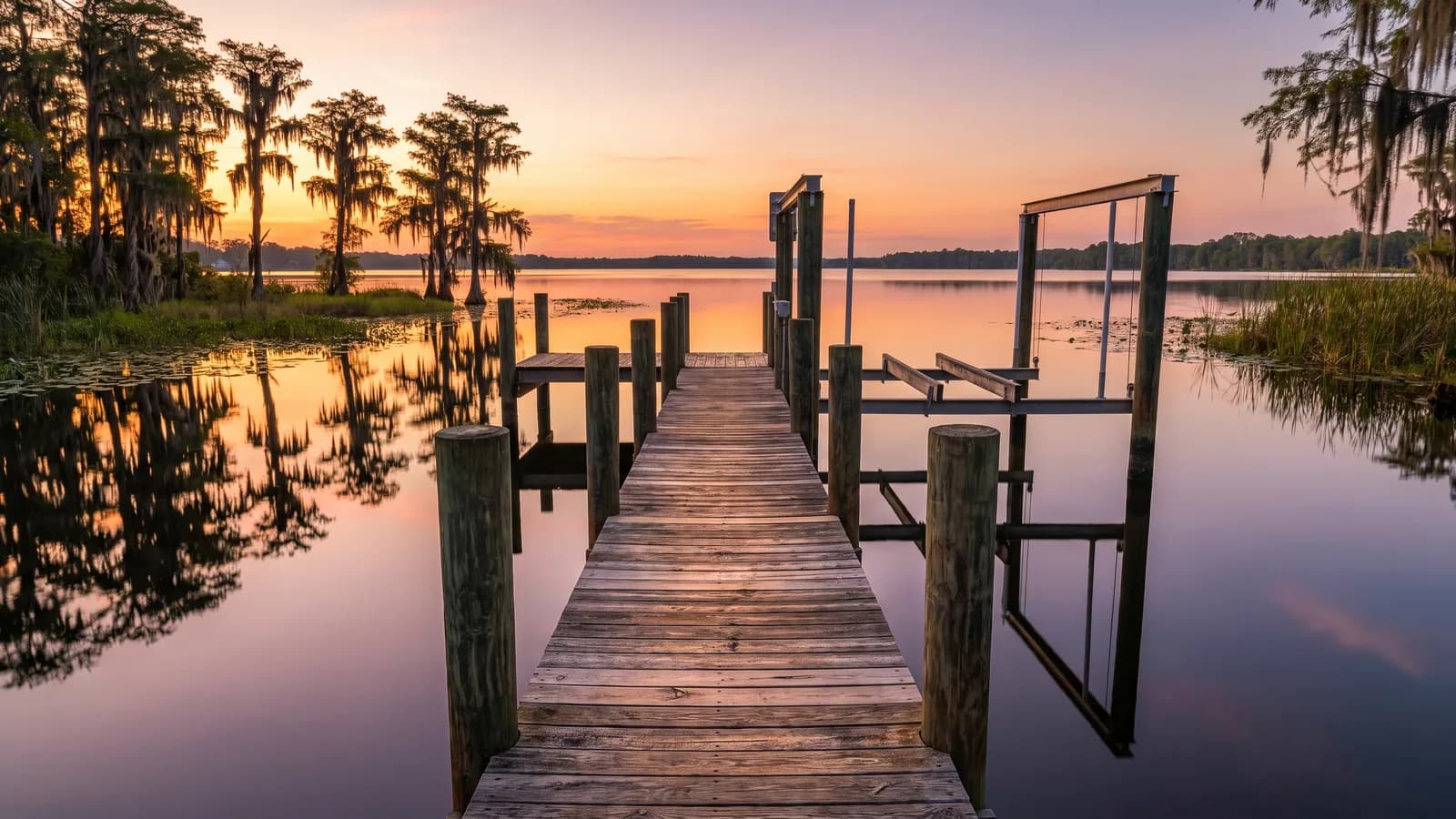 A private residential wooden dock extending over a calm Florida lake at golden hour with pilings and a boat lift frame.