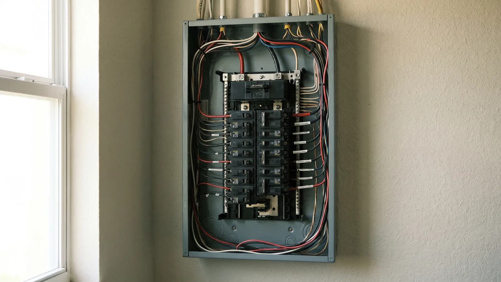 An open electrical panel with neatly organized breakers in a Florida home, viewed in even light.