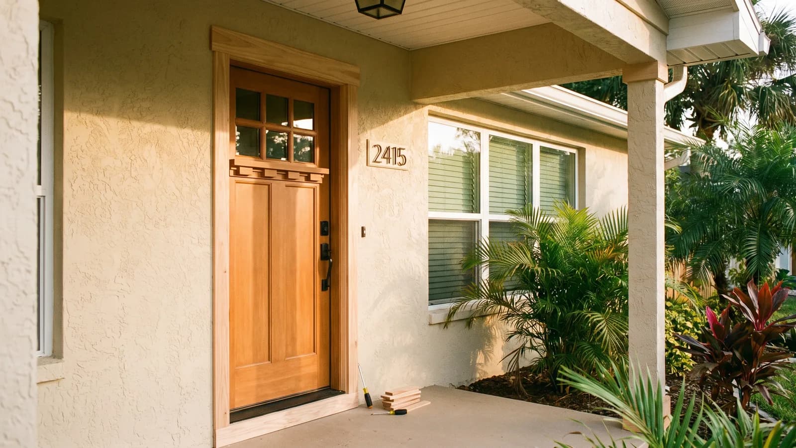 A newly installed exterior front door on a single-family Florida home with fresh trim and warm daylight on the entry.