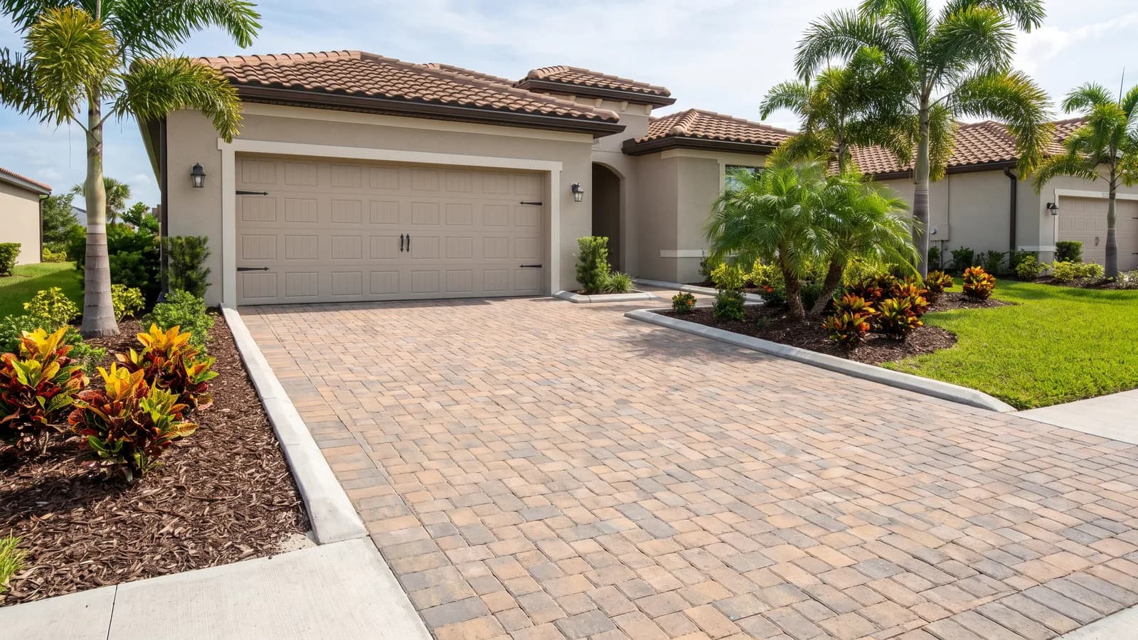 A newly installed paver driveway in front of a single-family Florida home in bright daylight.