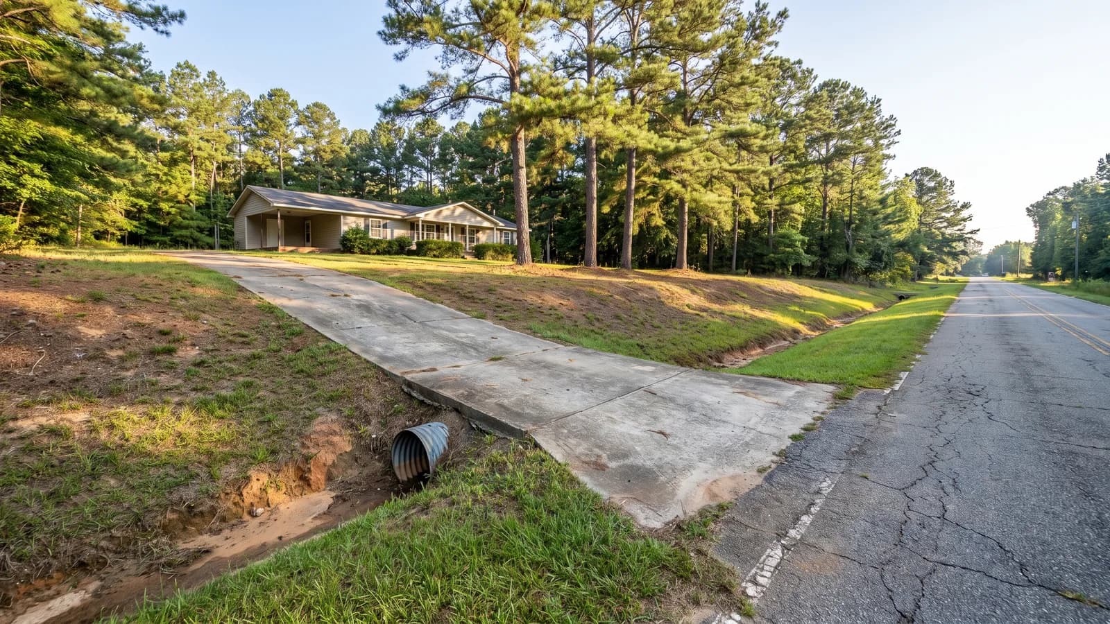 A residential concrete driveway meeting a two lane road in Georgia
