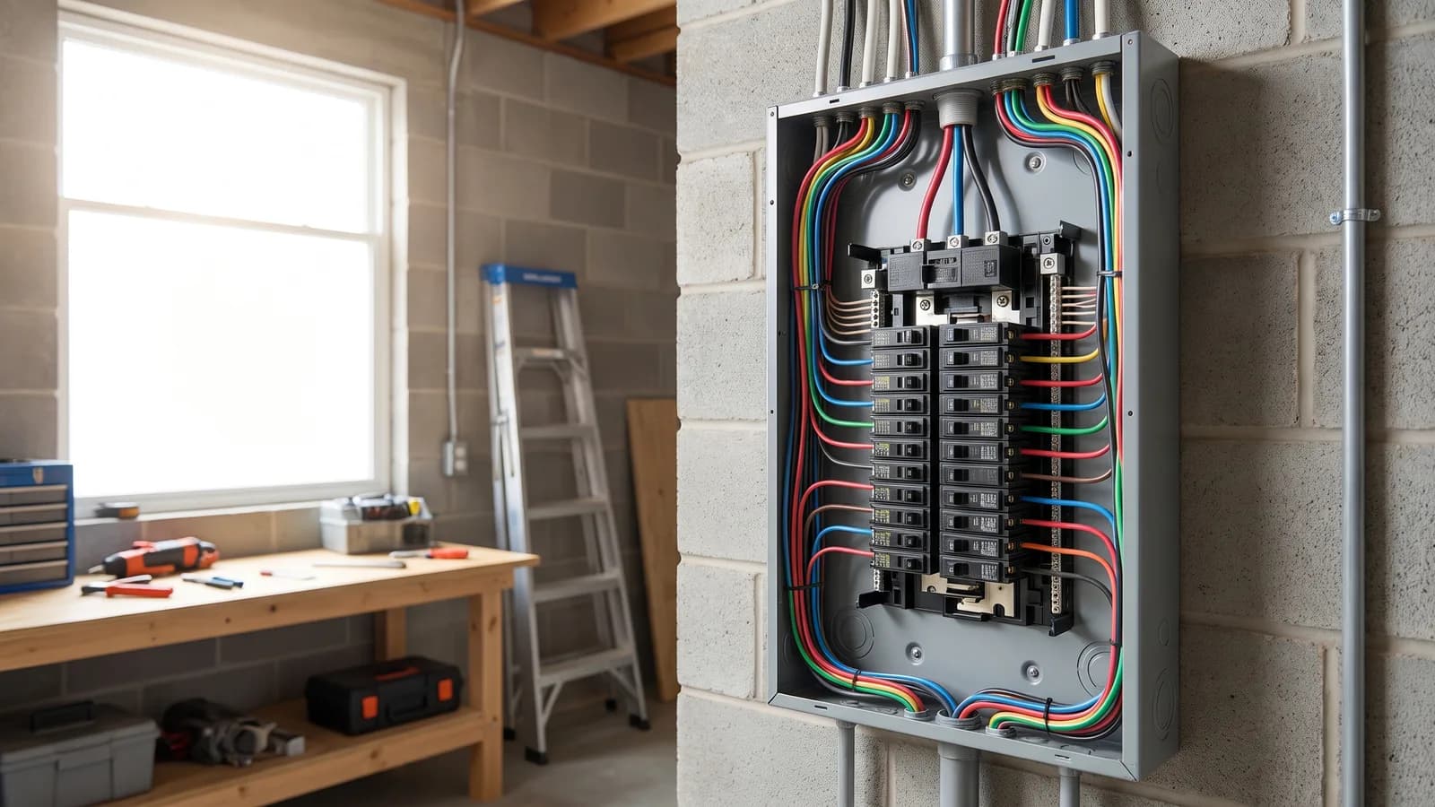 A newly installed residential electrical panel with neatly organized breakers and labeled circuits mounted on an interior wall in daylight.