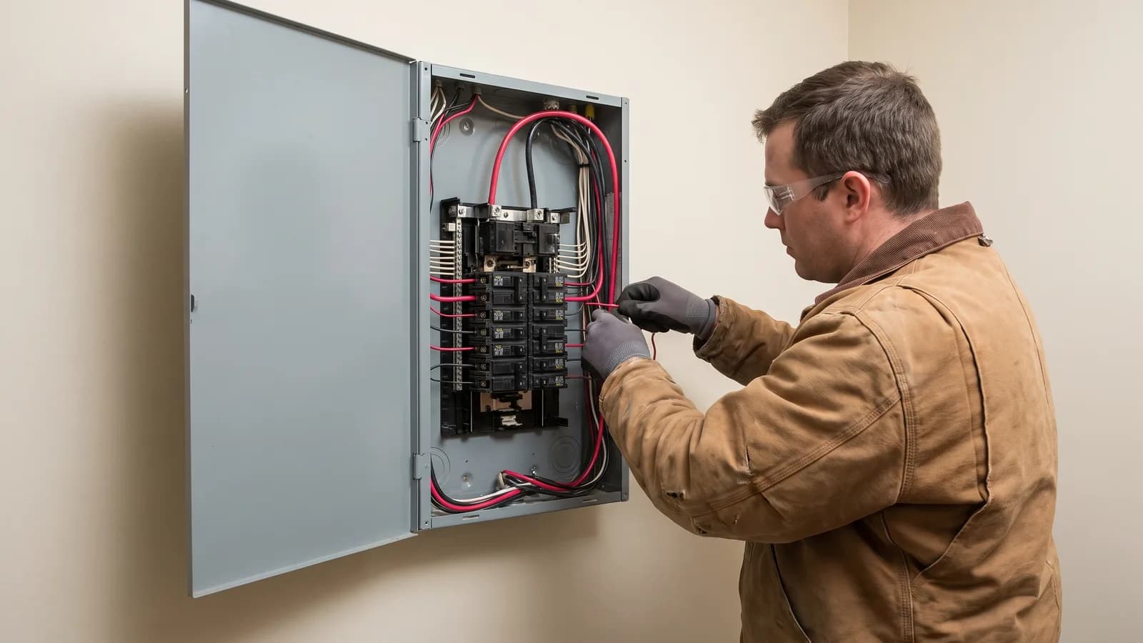 An electrician working inside an open residential electrical panel