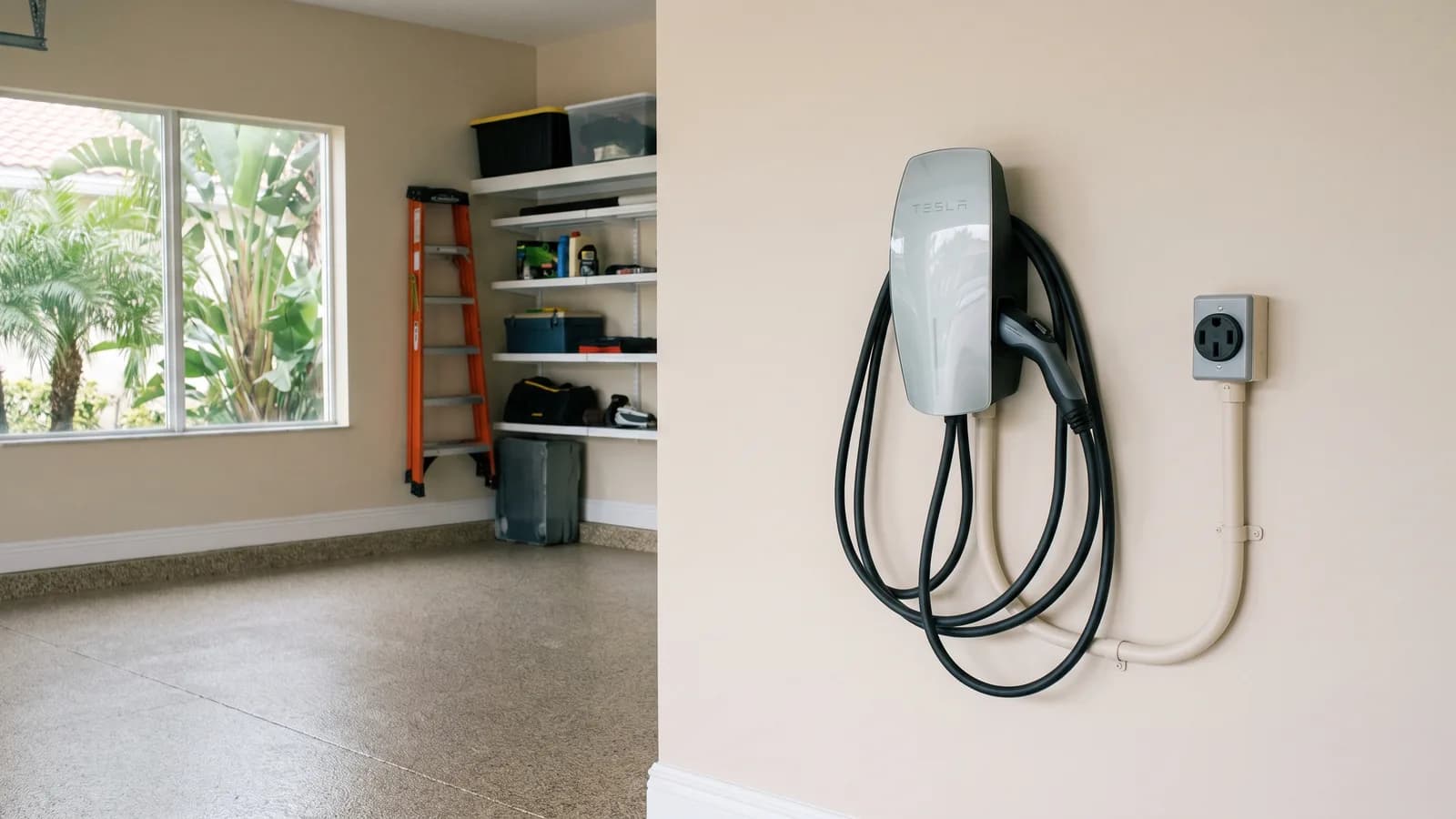 A wall-mounted EV charger installed in a clean Florida home garage with a car nearby in soft light.