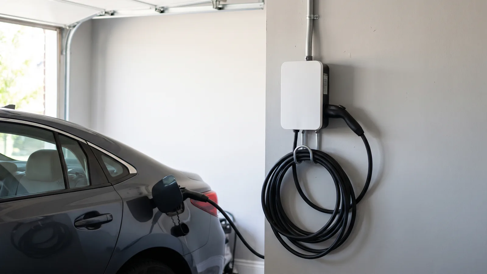 A wall mounted Level 2 electric vehicle charger in a home garage with a car plugged in