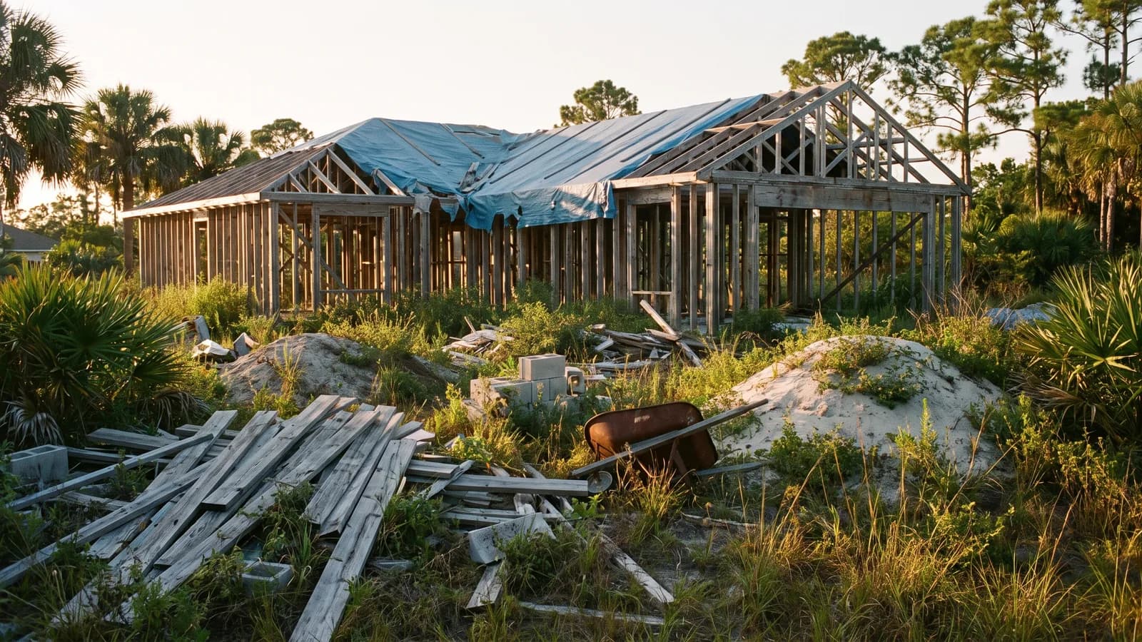 A weathered posted permit card on a fence at a stalled Florida home renovation site with overgrown grass in soft daylight.