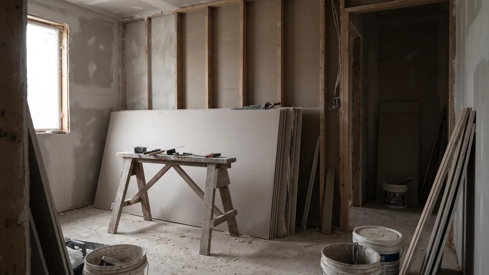A stalled home renovation with unfinished drywall and idle tools