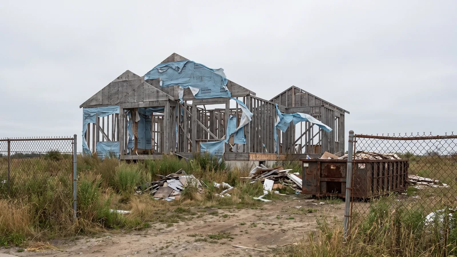 A stalled residential construction project with weathered framing and work paused