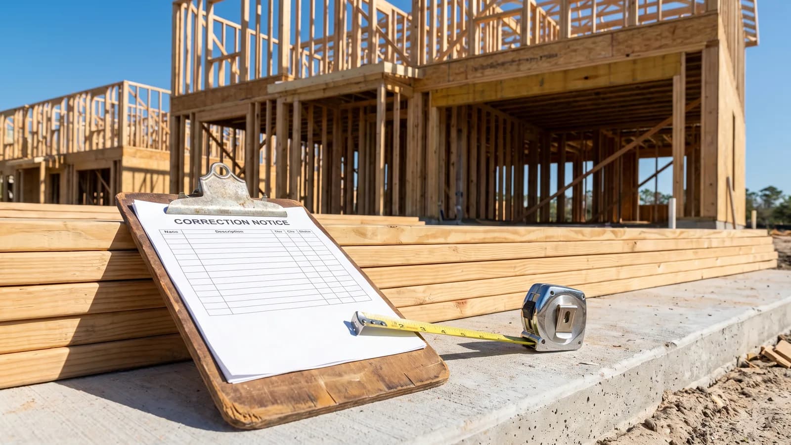 A homeowner and contractor reviewing an inspection correction notice on a clipboard at a Florida job site.