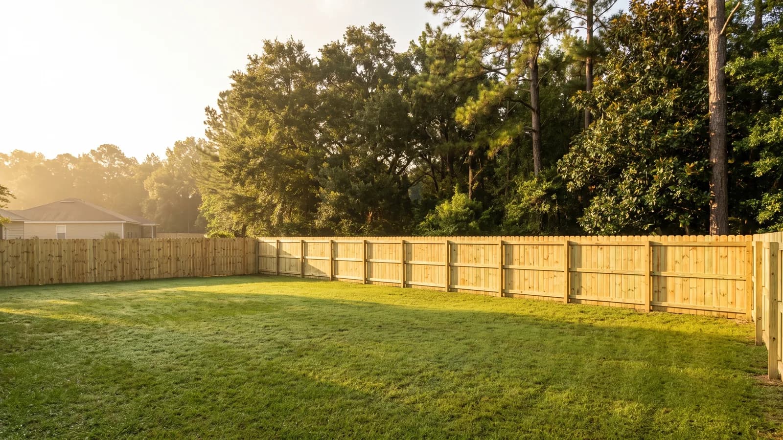 A new wooden privacy fence running along the back boundary of a suburban Georgia yard