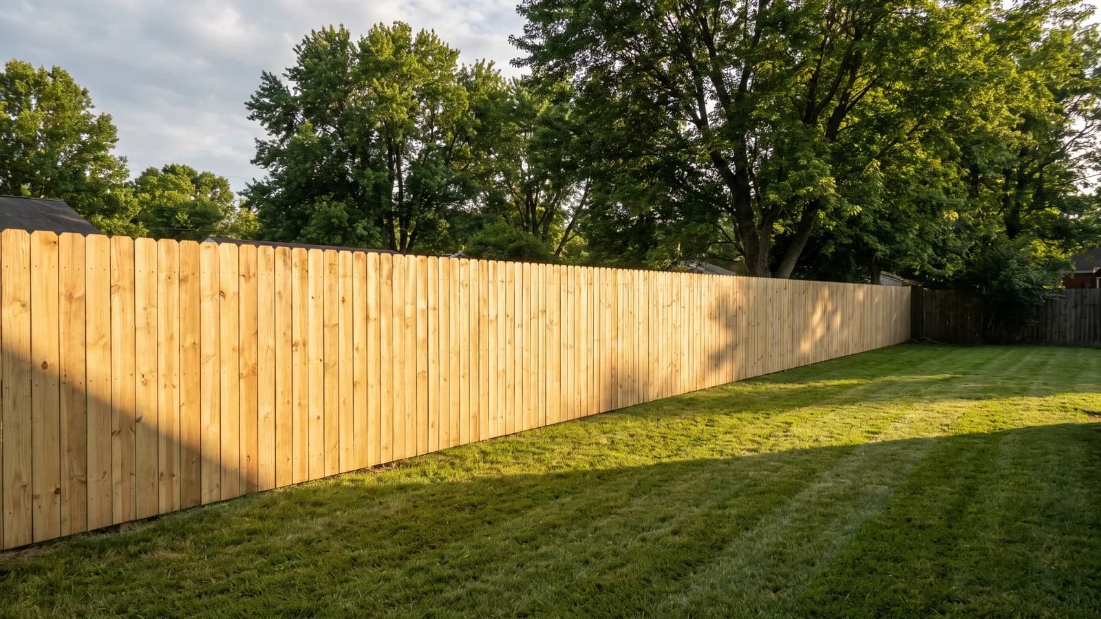 A wooden privacy fence along a residential back yard boundary in North Carolina