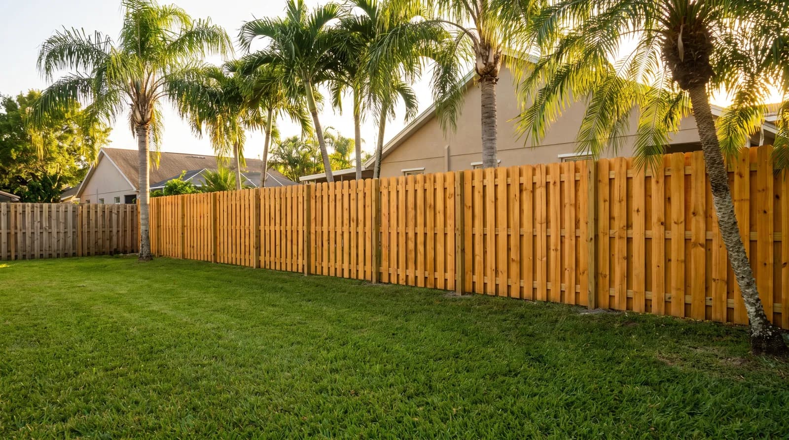 A newly installed wood privacy fence in a Florida backyard