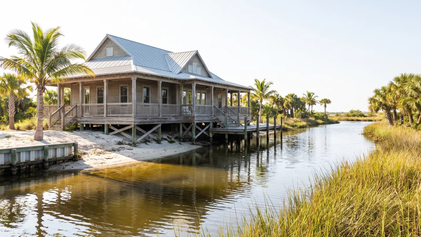 An elevated Florida home built on raised piers near water with palms, under bright natural light.