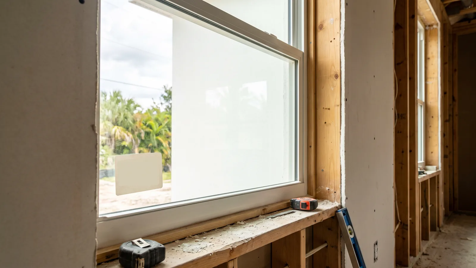 A new impact-rated window with a manufacturer product label visible, installed in a Florida home under construction, bright daylight.