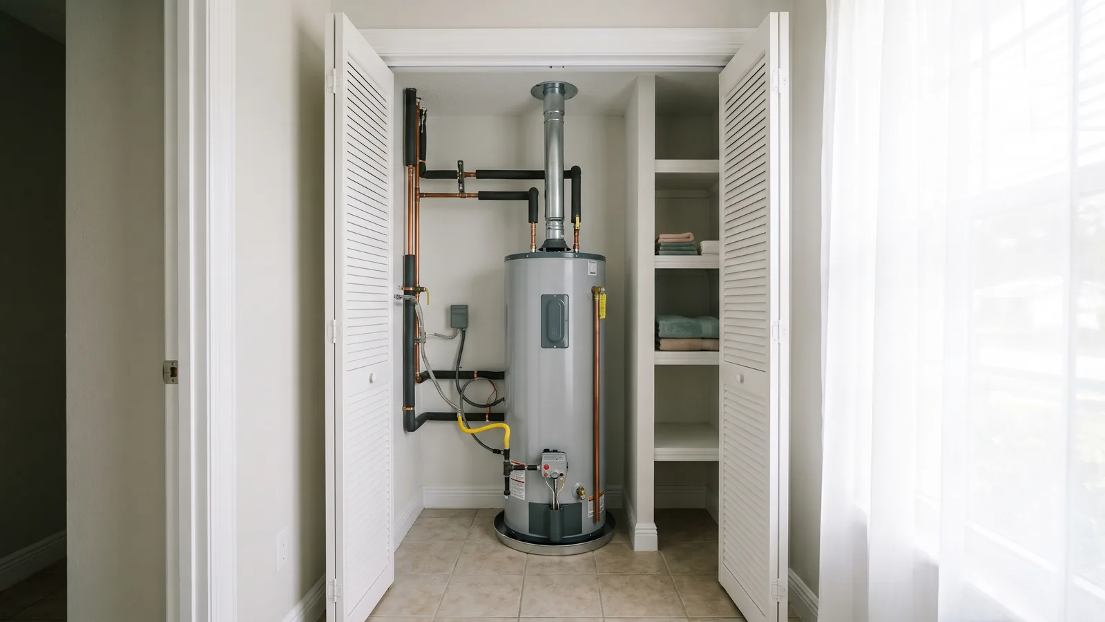 A newly installed gas water heater in a Florida home utility closet with clean connections in soft light.