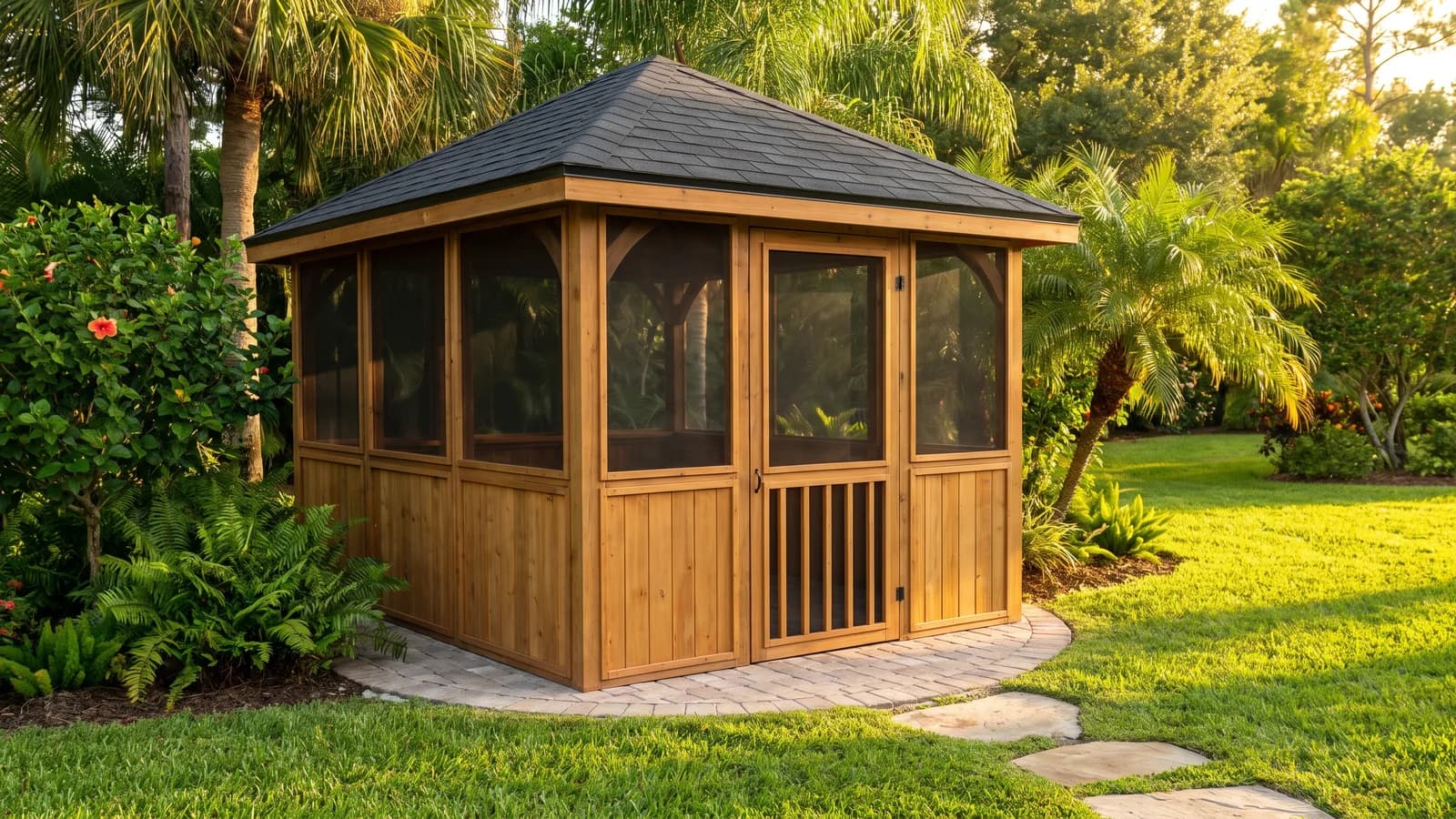 A freestanding wooden gazebo in a Florida backyard with a paver base and green lawn under warm afternoon light.