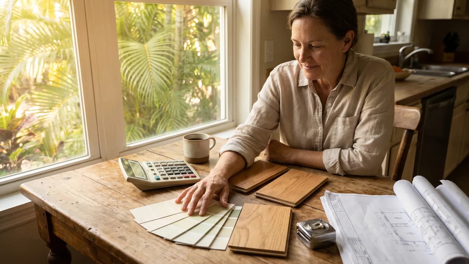A Florida homeowner reviewing renovation plans and a budget at a kitchen table