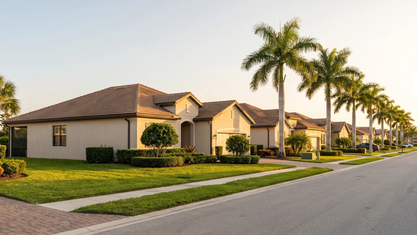 A Florida suburban home in an HOA community with a manicured lawn and uniform architecture in warm afternoon light.