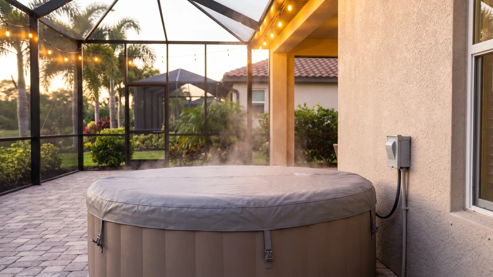 A portable hot tub set on a paver patio beside a Florida home with steam rising off the water in warm evening light.