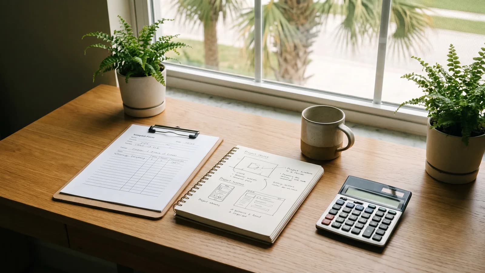 A homeowner filling out a simple written request form at a desk with organized project notes in daylight.