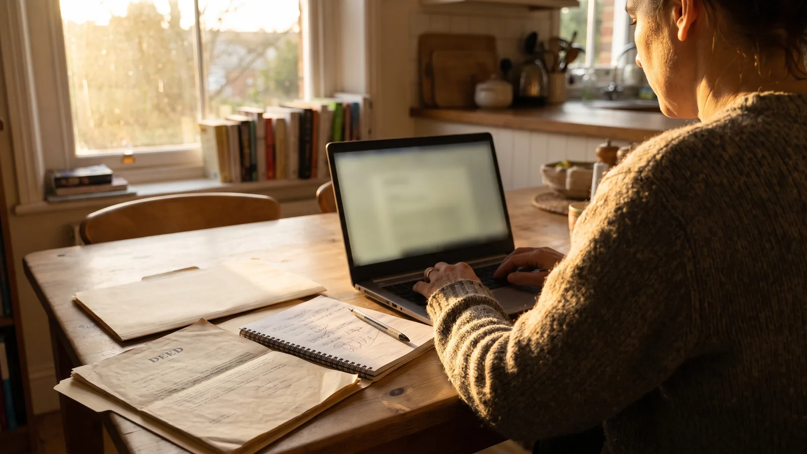 A person searching a local government permit records database on a laptop at a kitchen table