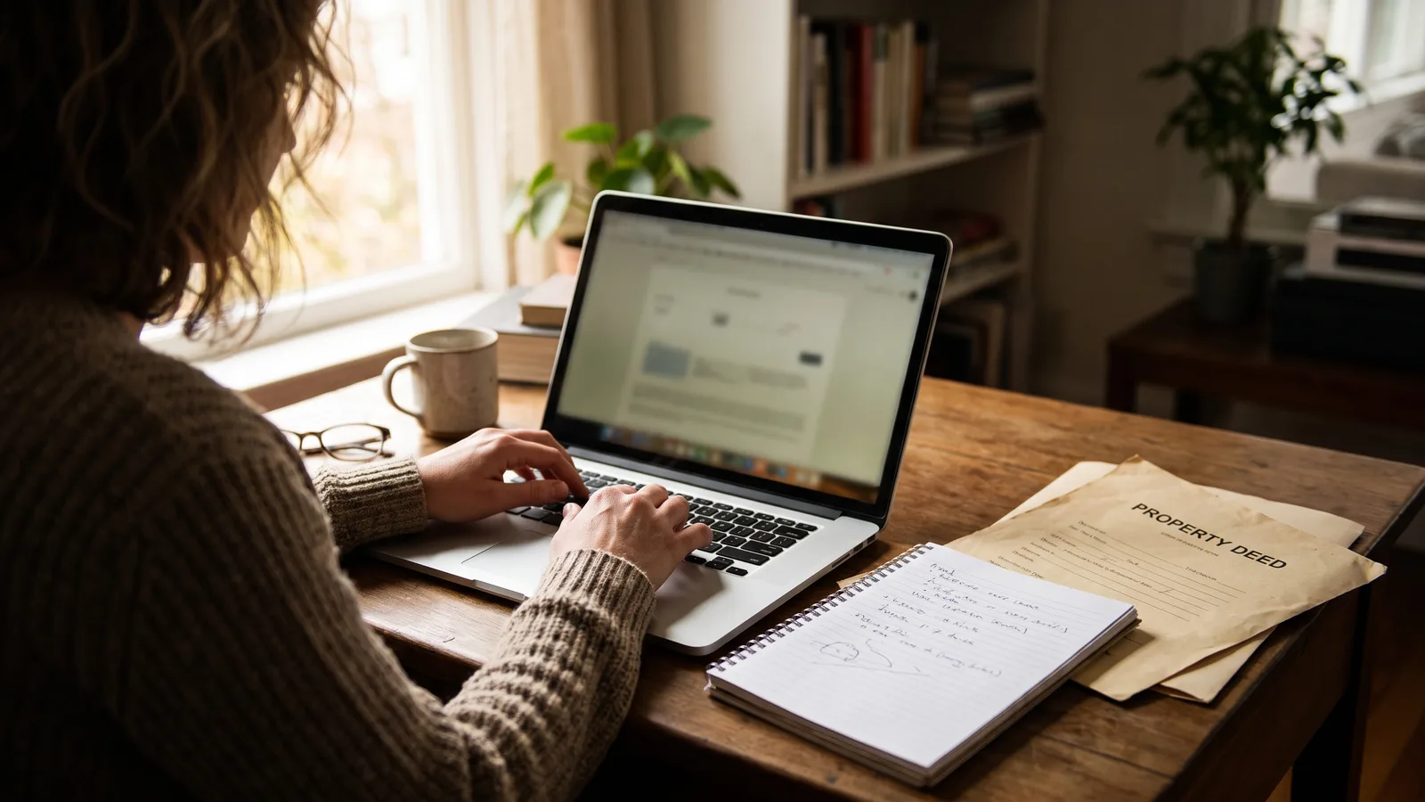 A person searching a county permit records portal on a laptop at home
