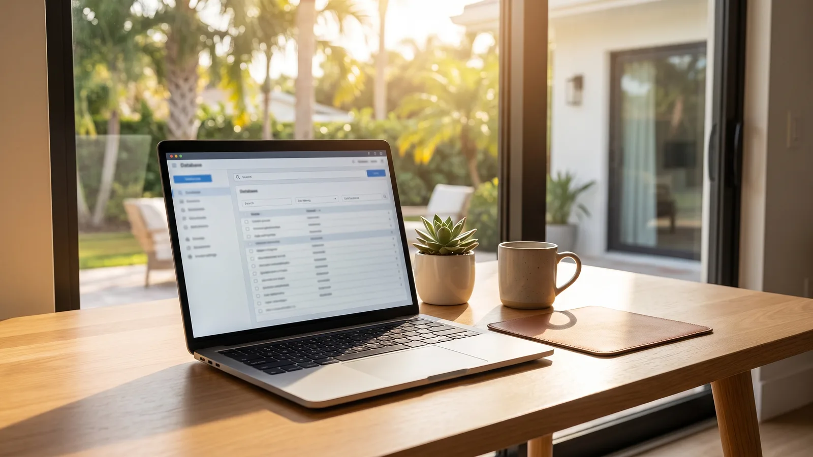 A laptop showing a county permit search page on a desk near a window in a Florida home.