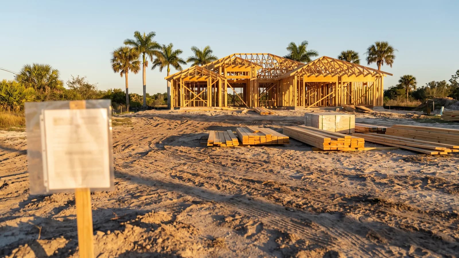 A printed building permit document and posted job-site permit card on a clipboard at a Florida home under renovation in warm daylight.